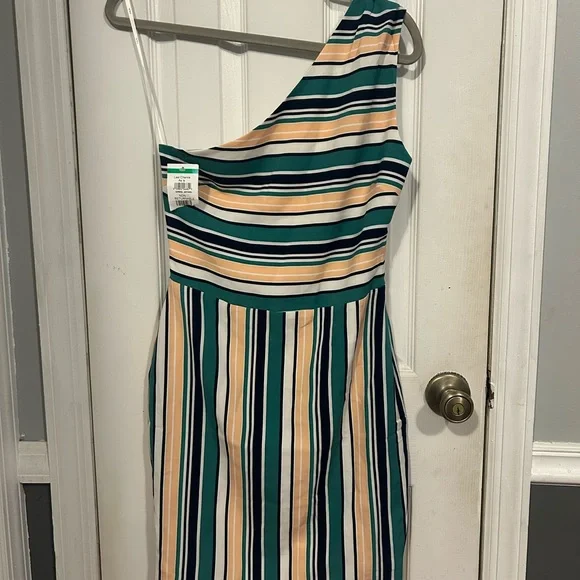 NWT J.O.A. One-Shoulder Dress with Green and Cream Stripes - Picture 3 of 7